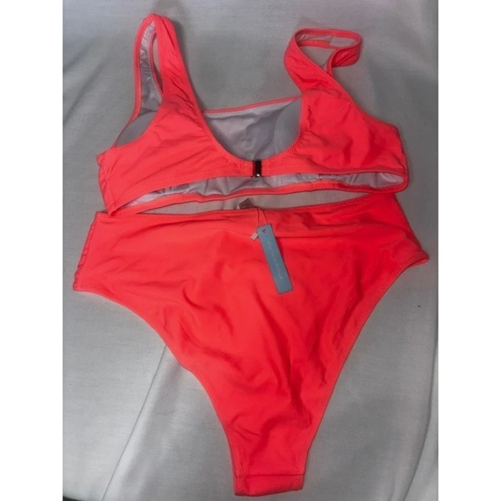 Live Life On the Beach Neon Pink Bikini Set XXL NWT High Waisted Scoop Top